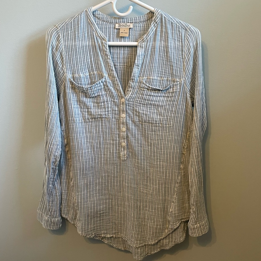 Lucky Brand Live in Love Cotton Guaze Popover Tunic Size S Blue & White Stripes
